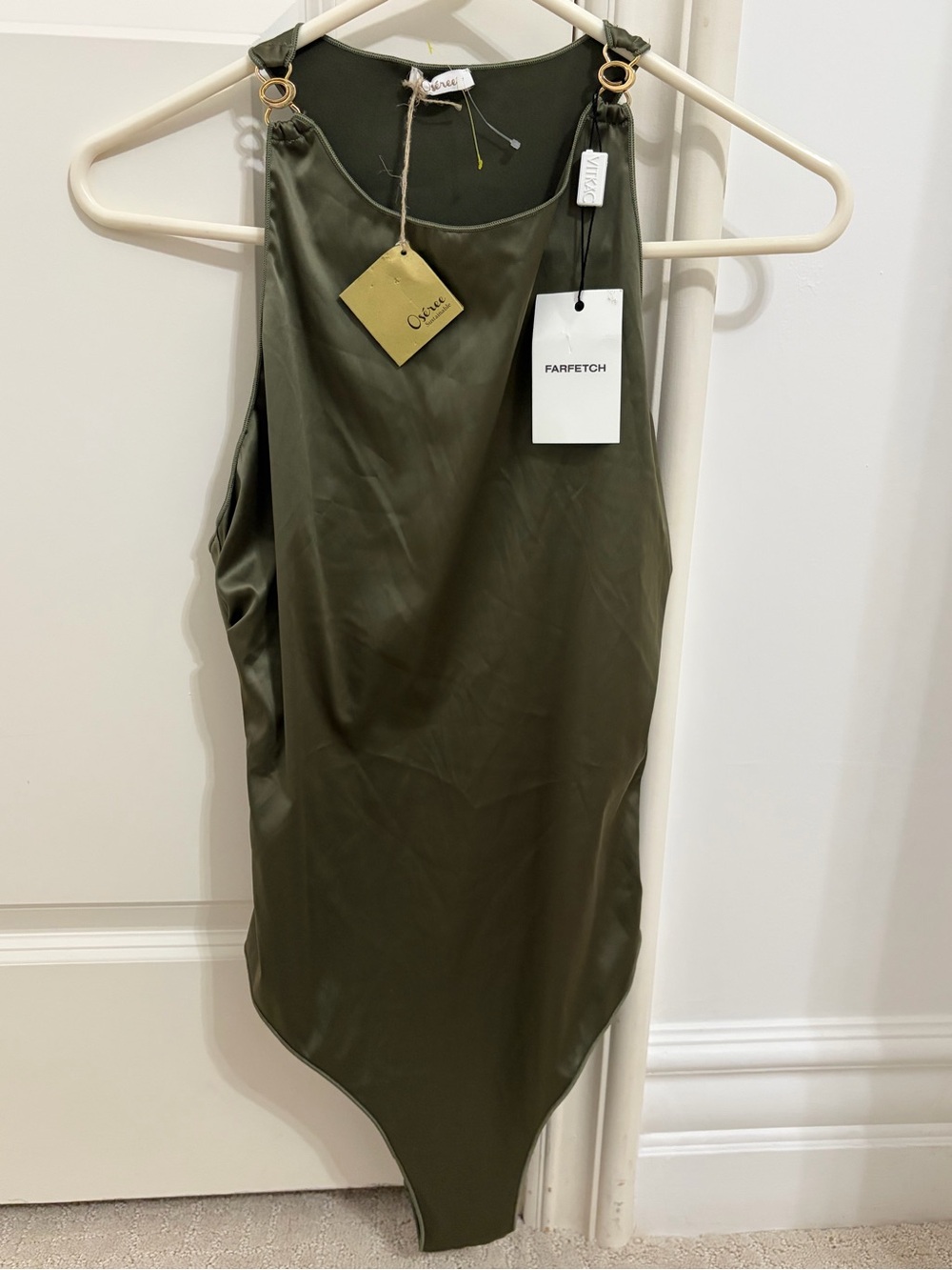 Oseree Olive Green Satin Bodysuit with Ring Strap Details